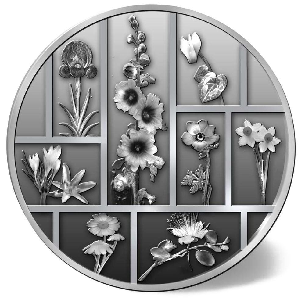 Un mosaico floreale: ecco la faccia comune delle otto medaglie in argento del peso di mezza oncia emesse da Israele