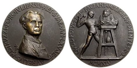 Autoritratto del maestro Aurelio Mistruzzi in una medaglia in bronzo di grande modulo risalente al 1945 e realizzata per il suo 65° compleanno