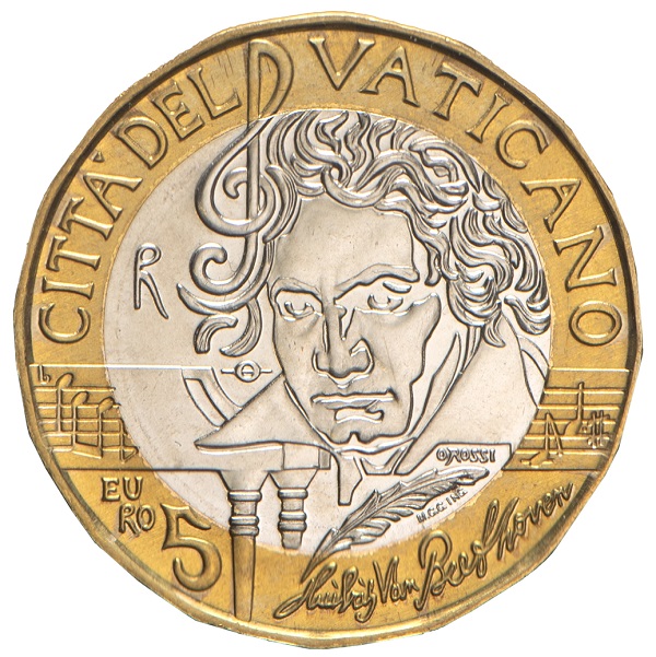 Magnifico, intenso e suggestivo il ritratto in moneta di Beethoven modellato da Orietta Rossi per i 5 euro vaitcani inseriti nella divisionale 2020