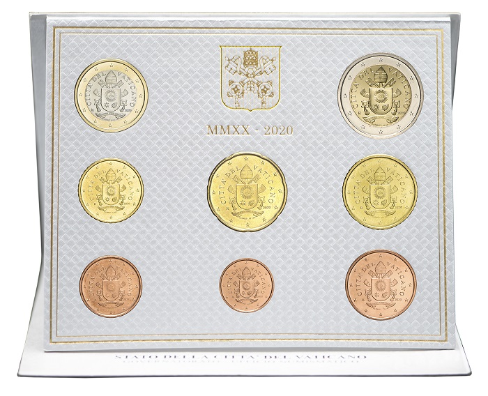 Ecco come si presenta la serie numismatica annuale 2020 del Vaticano comprendente i soli otto valori da 1 centesimo a 2 euro, priva dei 5 euro bimeallici