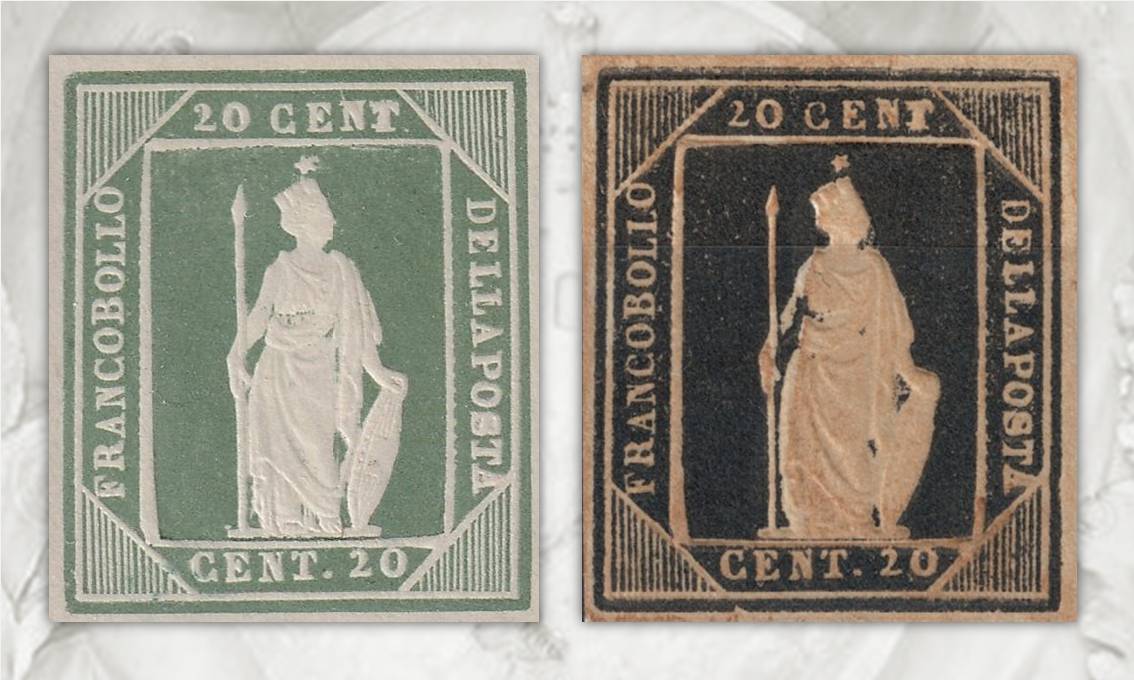 Due saggi di francobolli per il Regno d'Italia ideati e incisi da Thermignon nel 1862 ma mai approvati dalle autorità