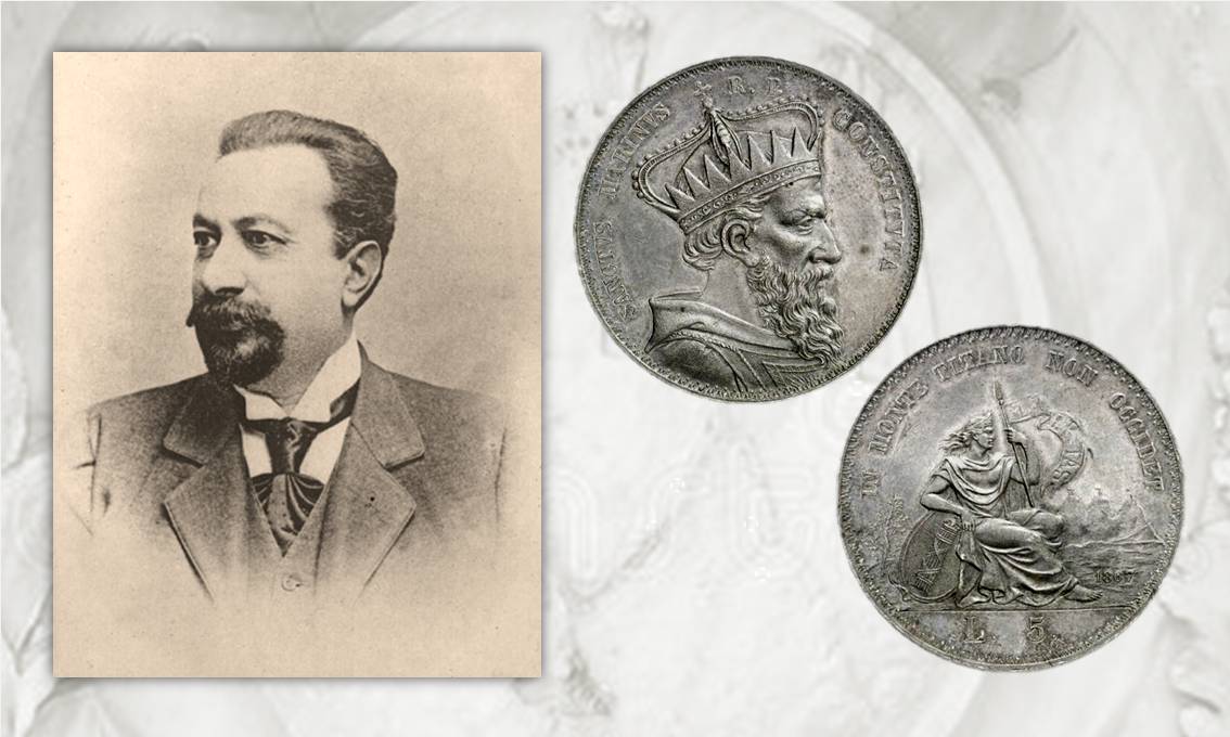 Un'immagine del numismatico Solone Ambrosoli e un rarissimo esemplare delle 5 lire di San Marino del 1867 non emesse