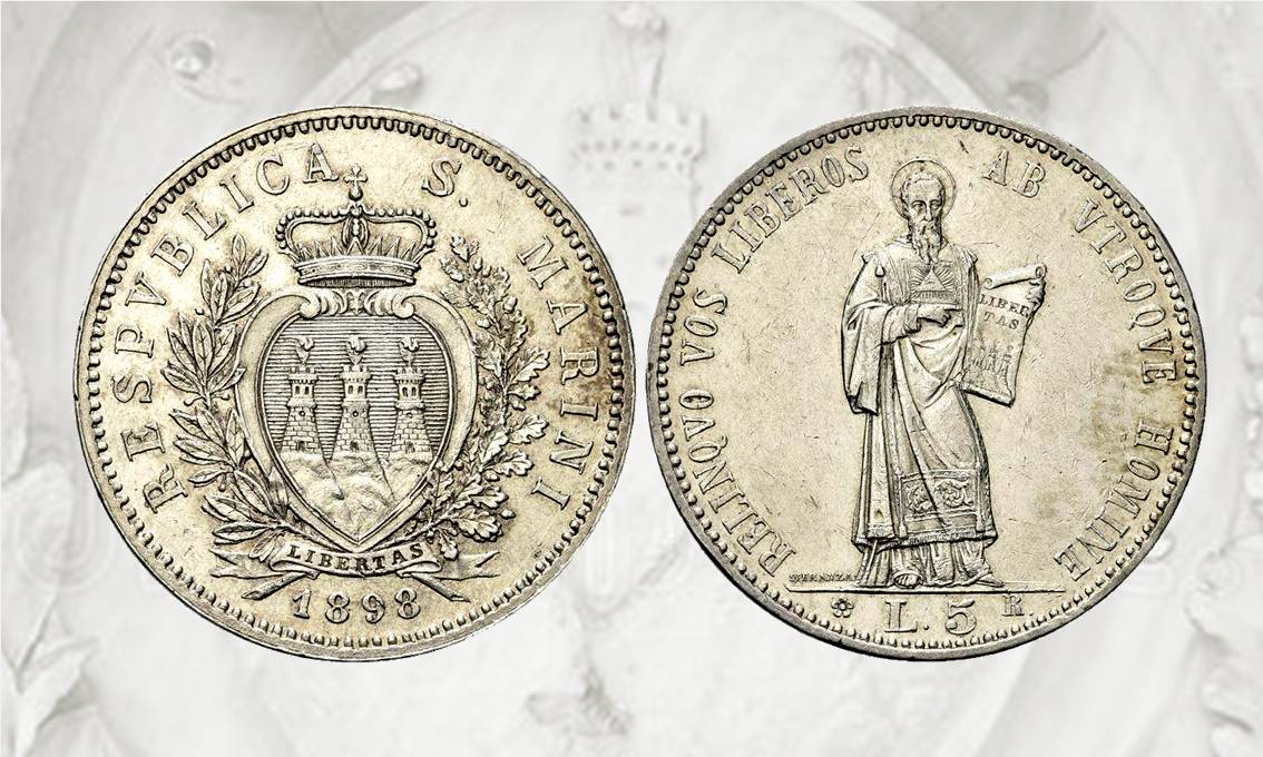La prima 5 lire di San Marino fu emessa, con stemma e figura del santo, nel 1898 su modelli e coni di Filippo Speranza
