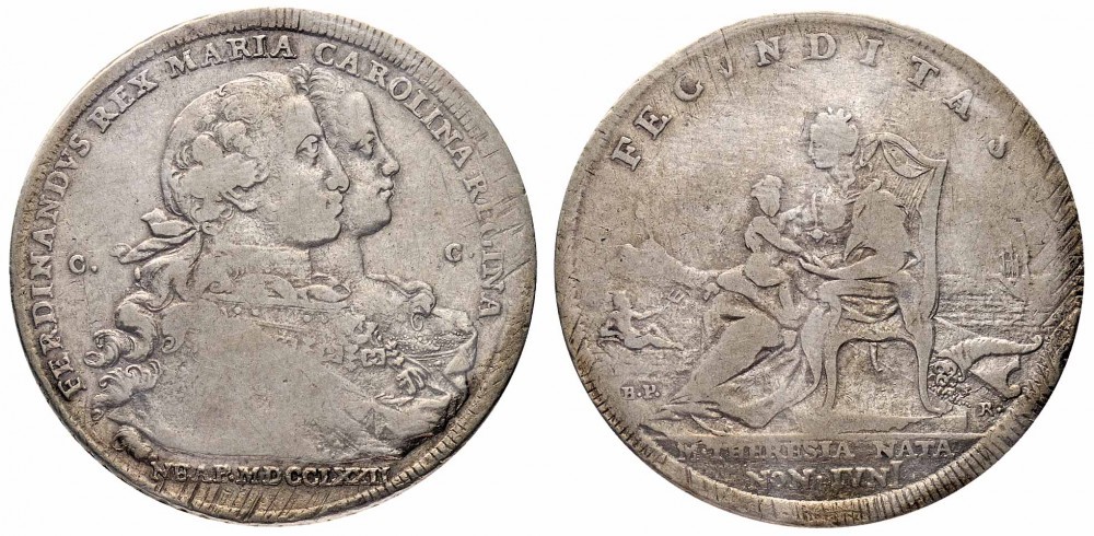 Un rarissimo esemplare della piastra napoletana del 1772 con la data al dritto incisa orizzontalmente; la moneta differisce dall'altra tipologia anche per vari dettagli ulteriori