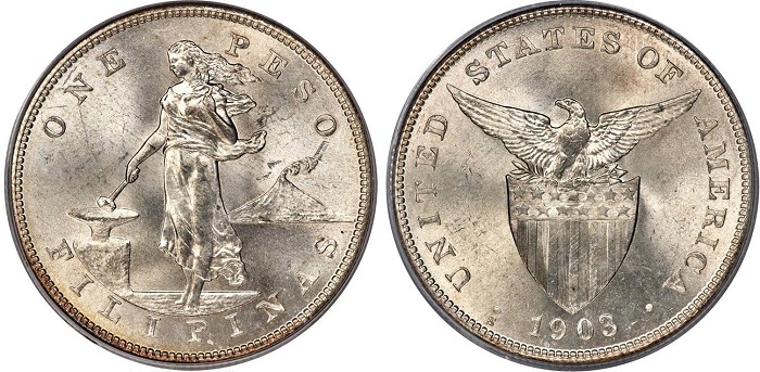 Moneta in argento (mm 38,0, g 26,95) da un peso filippino coniata nella zecca di San Francisco; fino al 1935, di fatto, l’arcipelago fu un possedimento coloniale degli Stati Uniti