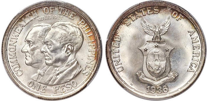 Nel 1936 le Filippine diventano protettorato statunitense e su questa moneta commemorativa da un peso coniata a Manila i presidenti Roosevelt e Quezon vengono ritratti assieme