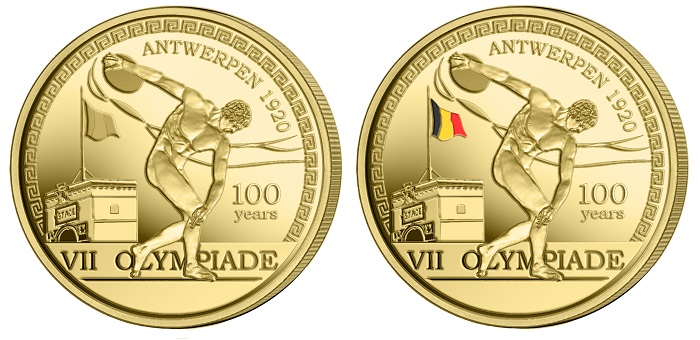 I rovesci, senza e con bandiera belga a colori, della 2,5 euro che Bruxelles emetterà in maggio per ricordare un secolo dalle Olimpiadi che videro cimentarsi nello sport il mondo appena uscito dalla Grande guerra