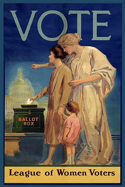 Questo bel manifesto per il voto alle donne testimonia la lunga e non semplice battaglia condotta negli USA per la parità dei diritti politici, culminata nel Diciannovesimo emendamento approvato un secolo fa