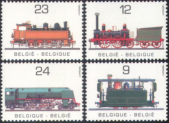 I quattro francobolli che Bruxelles ha dedicato nel 1985 al 150° delle ferrovie: sul valore da 12 franchi è raffigurata "The Elephant", la stessa locomotiva oggi in moneta