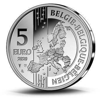 Il dritto dei 5 euro belgi, comune a tutte le commemorative del paese e disegnato da Luc Luycx