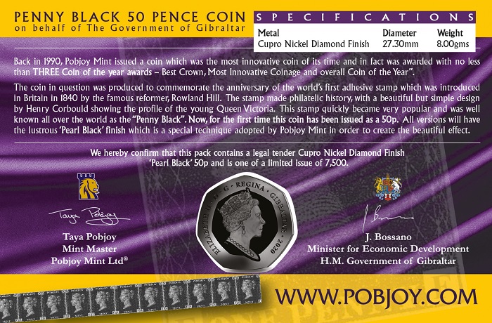 Il folder in cui Pobjoy Mint ha confezionato la 50 pence in cupronichel (mm 27,30 per g 8,00) dedicata al "Penny Black"