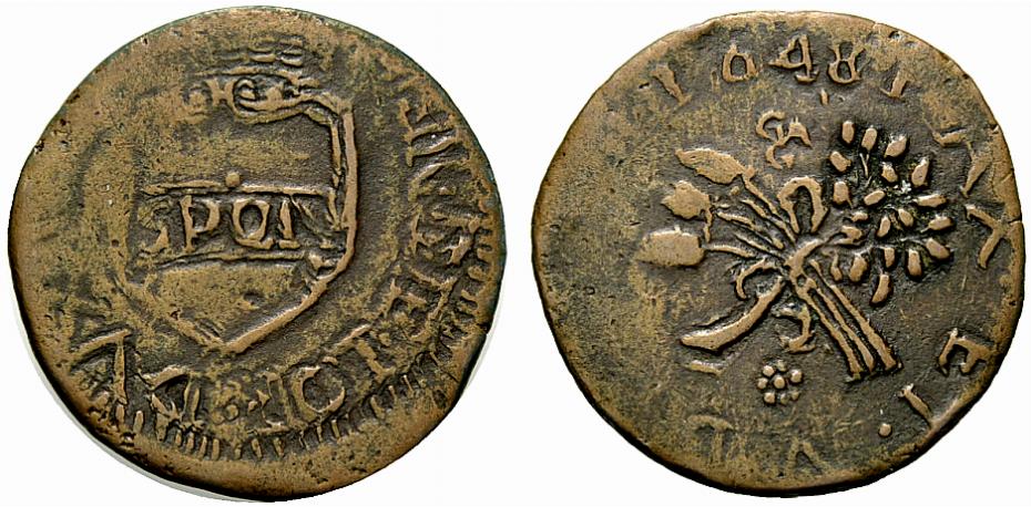 Moneta da un grano in rame della rivolta napoletana capeggiata da Masaniello nel 1647-1648