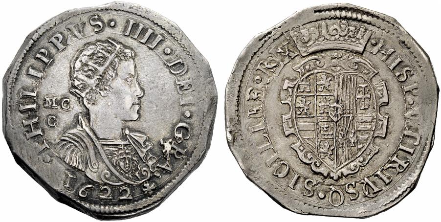 Un bel ducato in argento partenopeo datato 1622 con ritratto coronato di Filippo IV