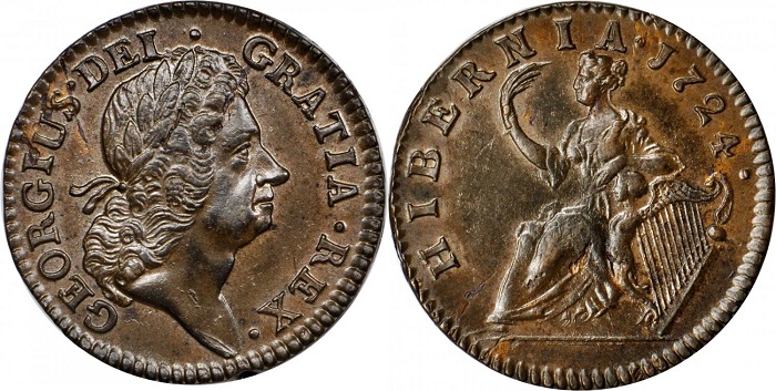Un magnifico esemplare di penny in bronzo coniato dal Regno Unito per l'Irlanda nel 1724. Al rovescio la personificazione dell'Hiberni,a come già la battezzarono gli antichi Romani