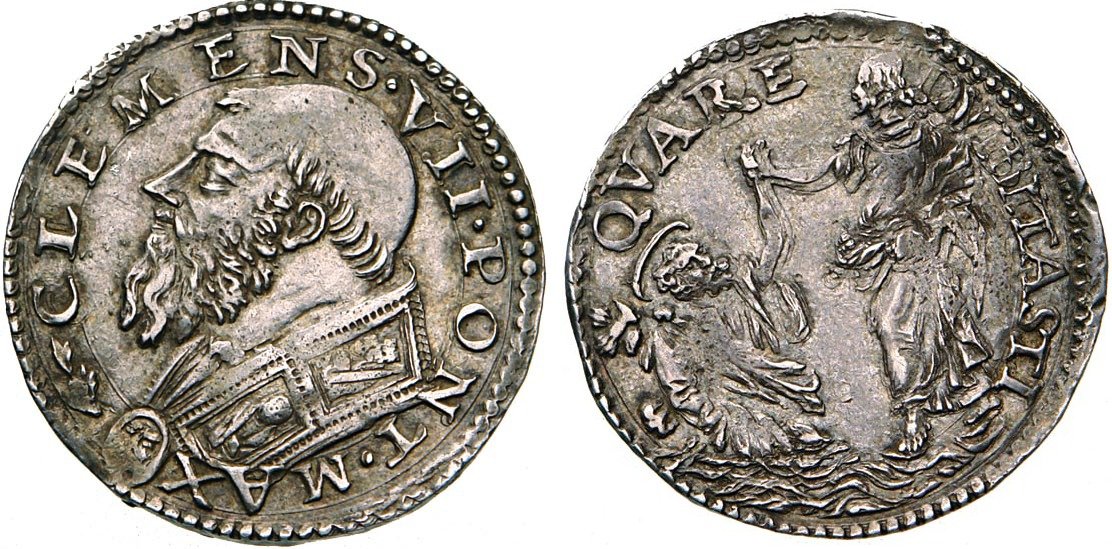 Clemente VII (1523-1534), doppio carlino in argento per la zecca di Roma i cui coni sono attribuiti al bulino di Benvenuto Cellini, eccellente maestro non solo nell'arte dell'oreficeria