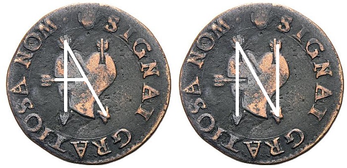 Le lettere A ed N del nome ANNA (per Anna Pelloni, amata da Siro) si comporrebbero facilmente seguendo le frecce sul rovescio della questa rarissima monetina di inizio XVII secolo