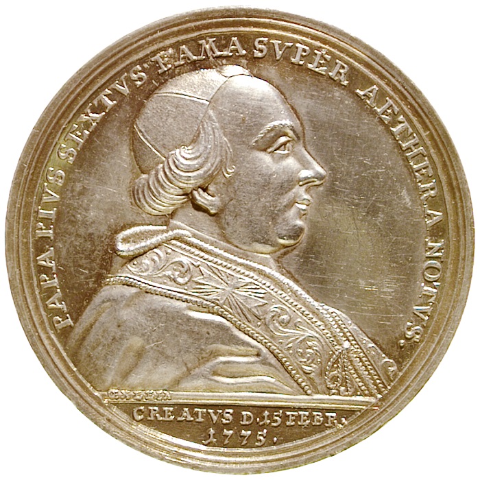 Il bel ritratto di Pio VI sul dritto della medaglia per il viaggio a Vienna coniata nella capitale austriaca e incisa da Johann Leonhard Oexlein