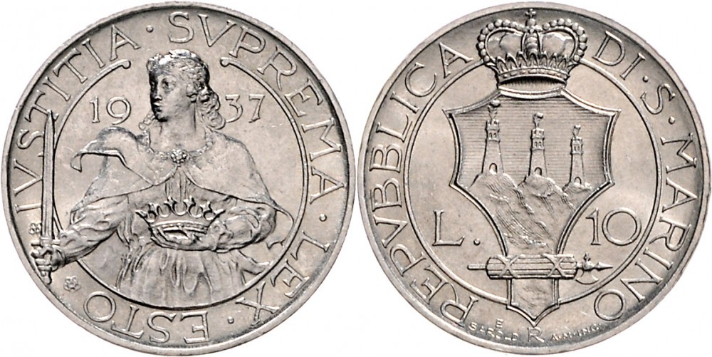 le 10 lire al tipo della Giustizia sono battute in argento 835, pesano 10 grammi per 27 millimetri di diametro
