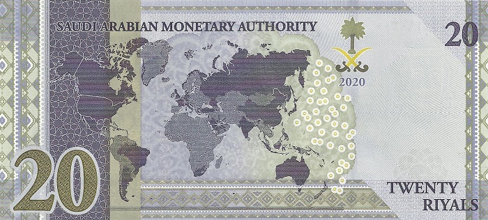 Sul retro della banconota per il G20 un planisfero con una stella sull'Arabia Saudita, ospite del vertice, e in evidenza i paesi del gruppo, tra cui India e Pakistan