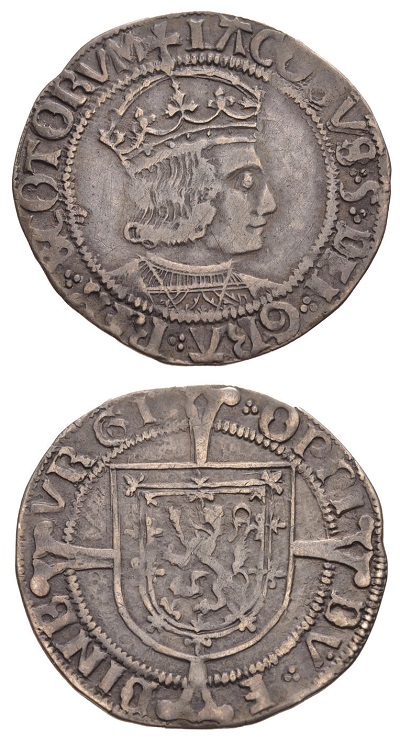 Sul "groat" (grosso) in argento Giacomo V appare in vesti più tradizionali, coronato e con ricco mantello