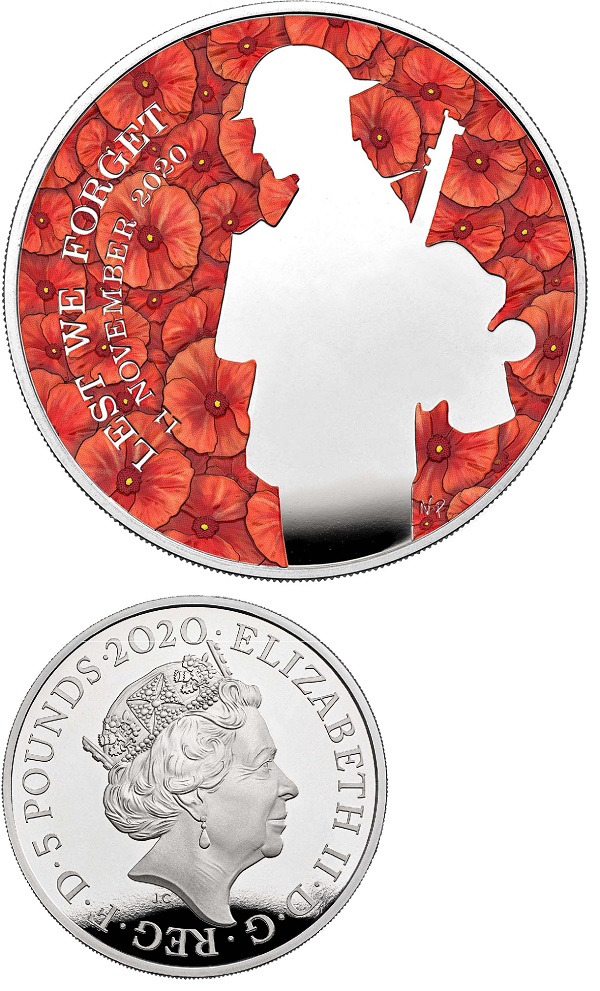 Di sfondo un campo di papaveri rossi, e un profilo di soldato stilizzato: ecco la moneta da 5 pound che il Regno Unito dedica quest'anno al Milite ignoto