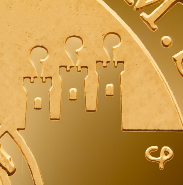Le piccole Tre Penne e il monogramma dell'artista Chiara Principe delineate con un delicatissimo incuso, a fondo specchio, sul rovescio della moneta