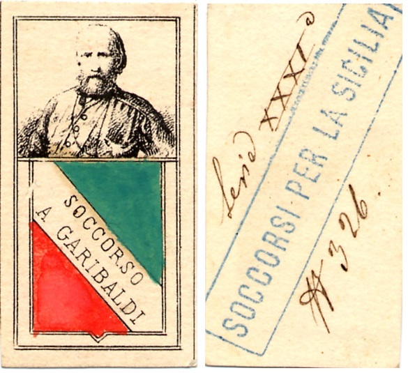 Era chiamato "coccarda patriottica" e si acquistava al prezzo di una lira questo buono di sottoscrizione destinato a sostenere la campagna siciliana di Garibaldi