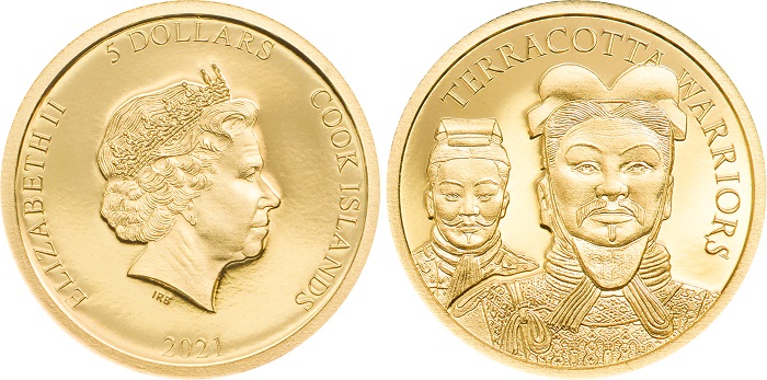 Un dettaglio di due dei soldati dell'imperatore Qin Shihuang Di sul dritto della micro moneta in oro da 5 dollari al cui dritto campeggia la regina Elisabetta II d'Inghilterra ritratta da Ian Rank-Broadley