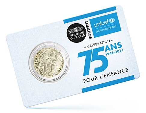 I 2 euro UNICEF emessi dalla Francia qui in versione BU confezionati in coincard speciale