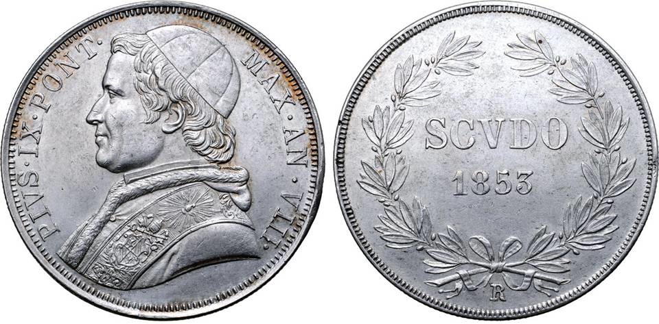 Moneta da uno scudo in argento coniata dalla zecca pontificia di Roma nel 1853