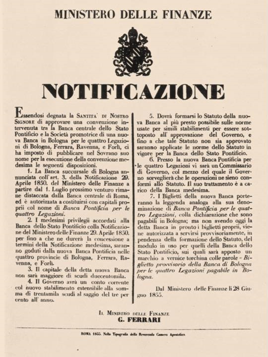 La notificazione con cui viene autorizzata la nascita della Banca Pontificia per le Quattro Legazioni, istituto di credito e di emissione