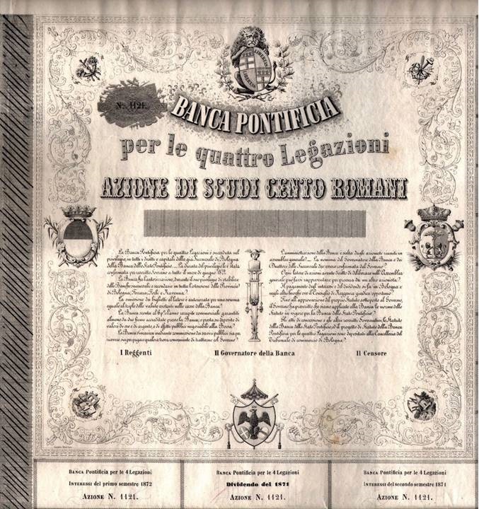 Un rarissimo certificato azionario del valore di cento scudi romani relativo alla nuova banca sorta nel capoluogo emiliano