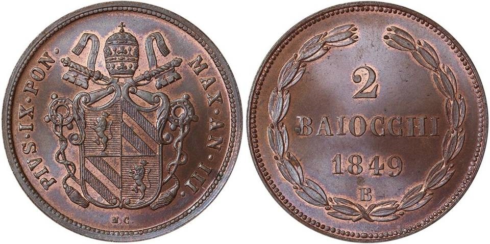 Un bellissimo esemplare di moneta da 2 baiocchi coniata a Bologna nel 1849