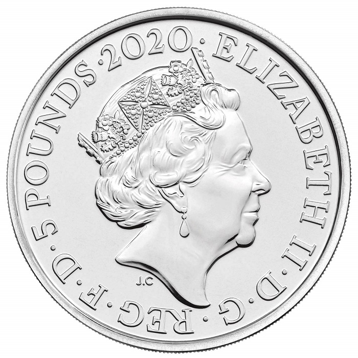 La sovrana più longeva e più effigiata in moneta nella storia, Elisabetta II d'Inghilterra, sul dritto delle monete dedicate a David Bowie