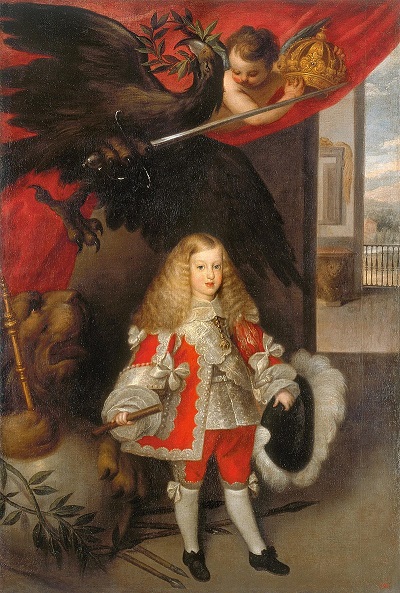 Carlo II d'Asburgo, ancora bambino e già ritratto con gli attributi della gloria e della regalità: sarà re di Napoli e Sicilia dal 1655 al 1700