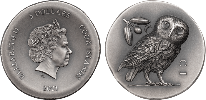 In versione moderna, la civetta di Atene spicca in altorilievo sulle once da 5 dollari d'argento appena emesse da Cook Islands per i collezionisti numismatici