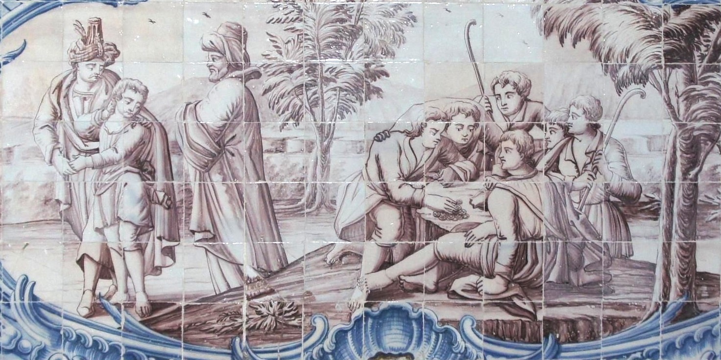 Giuseppe venduto dai fratelli ai Medianiti: questa decorazione a piastrelle maiolicate fa parte di un ciclo che abbellisce il chiostro del monastero geronimita di Belem, a Lisbona