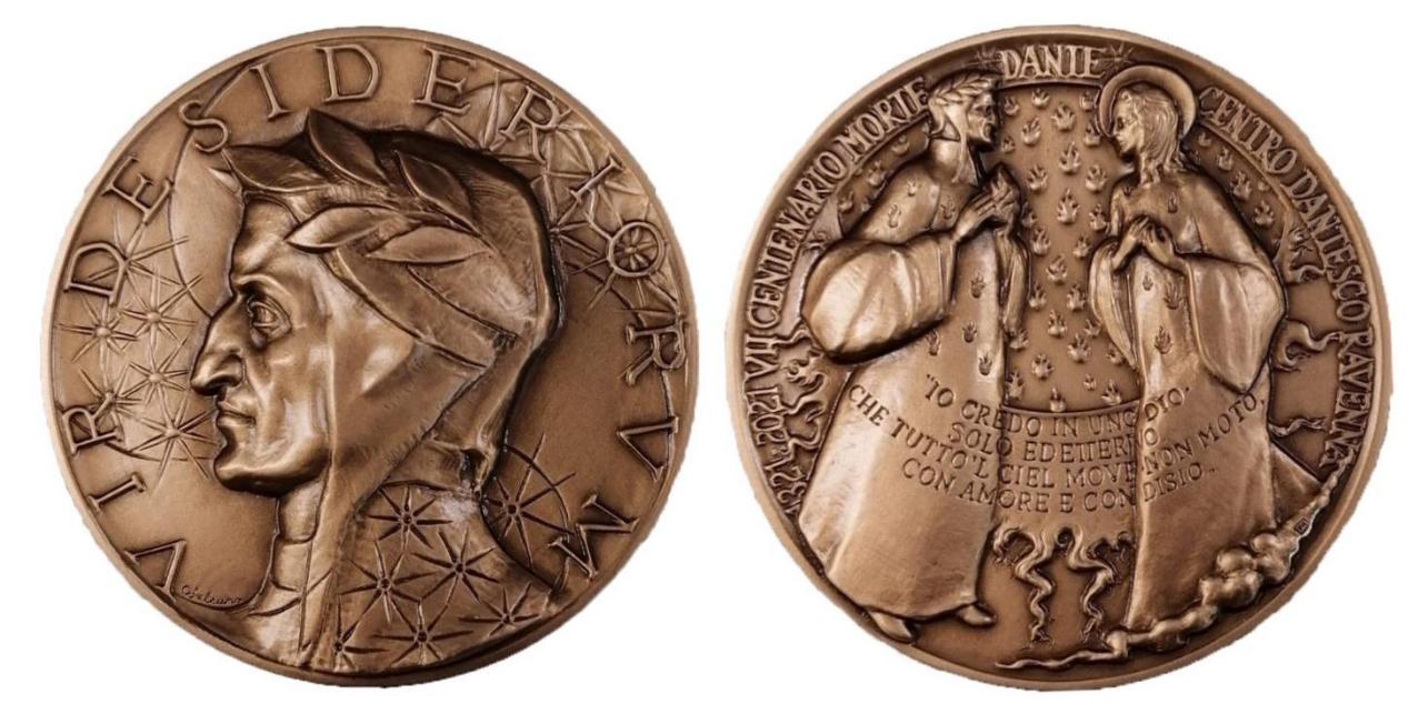 E' stata coniata dalla ditta storica Picchiani & Barlacchi di Firenze la medaglia in bronzo che il Centro dantesco di Ravenna ha emesso per il VII centenario della morte di Dante: sono solo cento gli esemplari della prima serie