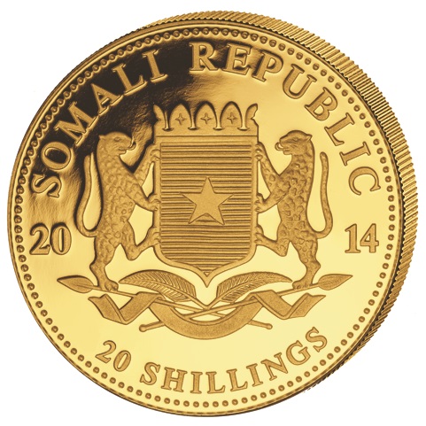 Lo stemma della Repubblica Somala sul dritto della moneta da 20 scellini con l'elefante "sottopeso"