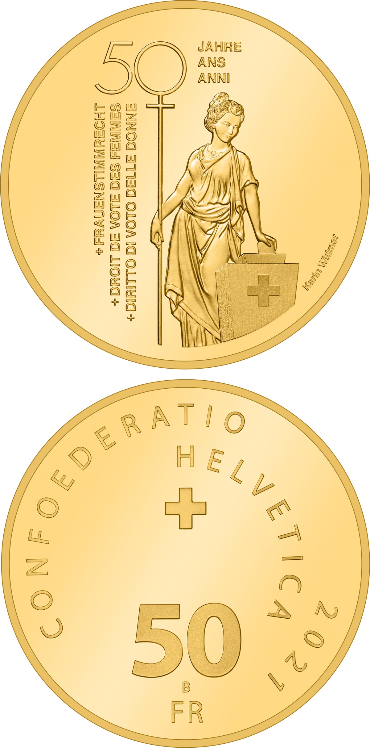Delicata e dal profondo messaggio civile, la 50 franchi oro elvetica di quest'anno ricorda il mezzo secolo del diritto universale di voto alle donne elvetiche