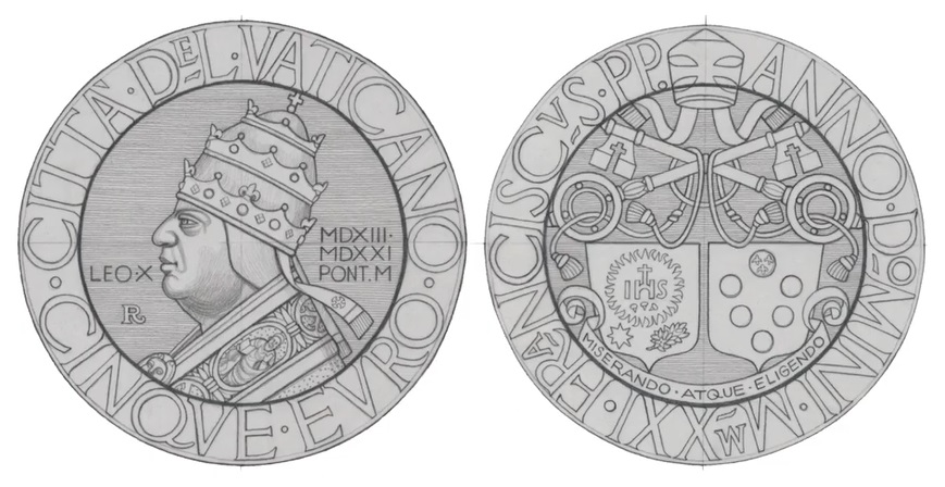 Bozzetti preliminari della moneta vaticana da 5 euro firmata dal maestro Marco Ventura e dedicata a papa Leone X (1513-1521) nel quinto centenario della scomparsa