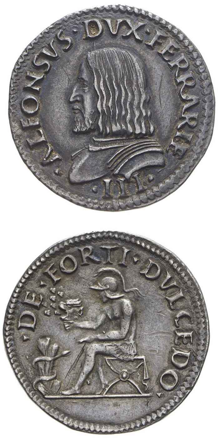 Il testone ferrarese di inizio XVI secolo al motto DE FORTI DVLCEDO con il ritratto ducale barbuto
