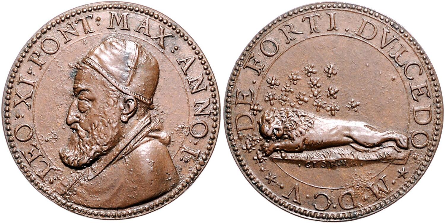 Lo stesso motto della moneta coniata a Ferrara ricompare su questa medaglia opera di Giorgio Rancetti coniata all'inizio del pontificato di papa Leone XI, nel 1605
