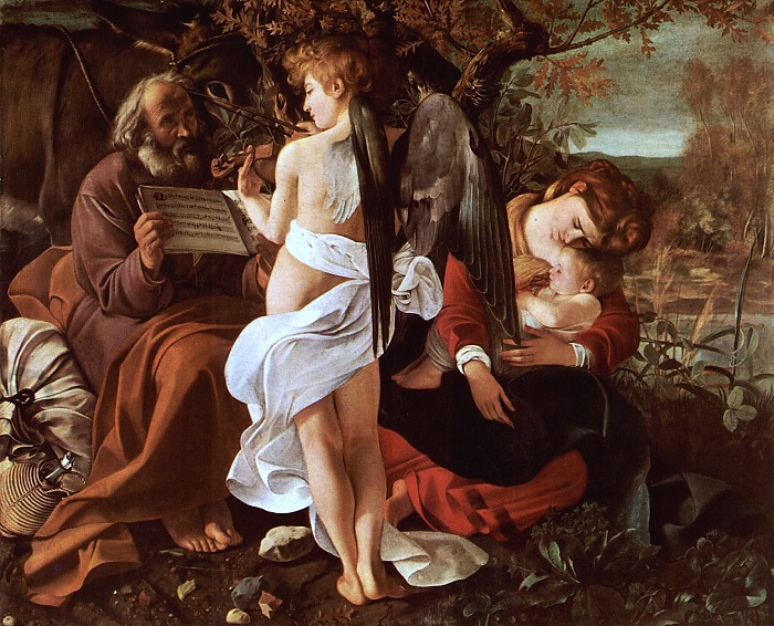 "Riposo durante la fuga in Egitto": da questa particolarissima opera di Caravaggio è tratto l'angelo suonatore di violino, di spalle, che si è fatto moneta da 5 e 20 euro per mano di Silvia Petrassi