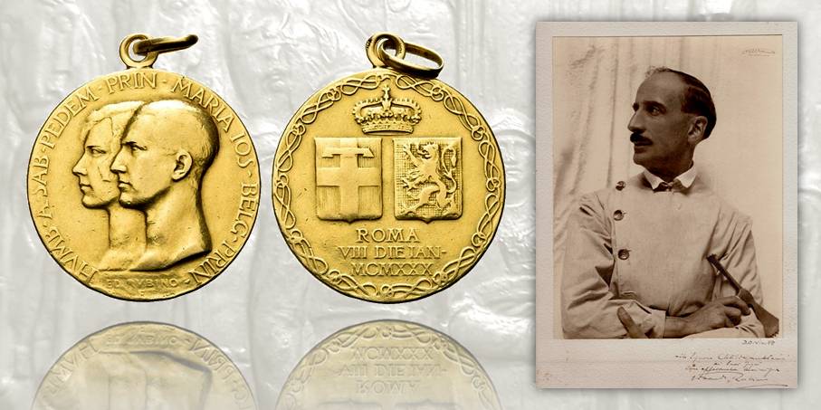 A sinistra, medaglia nuziale in oro per il matrimonio di Umberto di Savoia e Maria Josè del Belgio (oro, mm 32,2 per g 22,7) realizzata nel 1930 su modelli di Edoardo Rubino