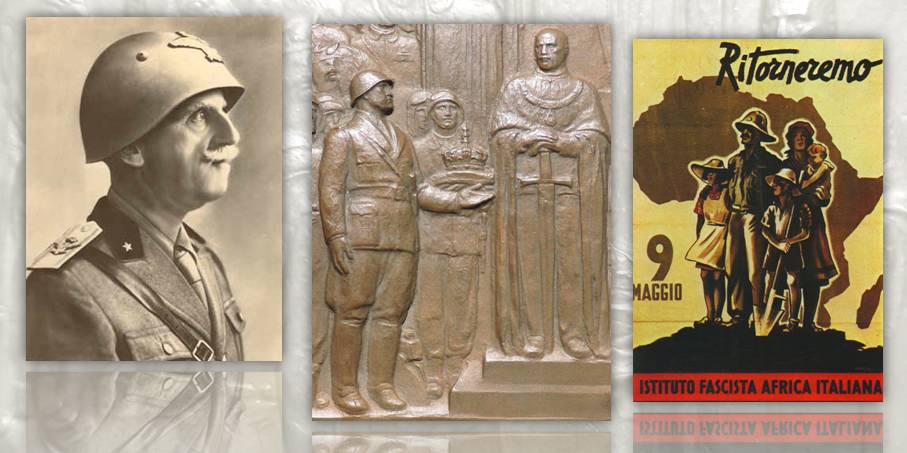 Un re e imperatore solenne ma "senz'anima" di fronte alla massiccia e marziale figura di Mussolini, al centro della placchetta di Edoardo Rubino: quando la propaganda si fa arte