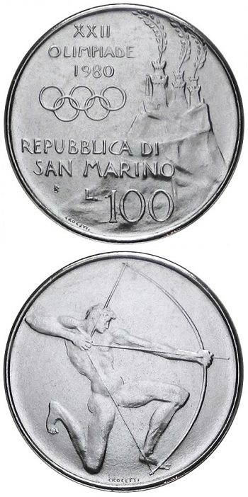 Le magnifiche 100 lire della serie olimpica di San Marino coniata nel 1980 su modelli dello scultore Venanzo Crocetti