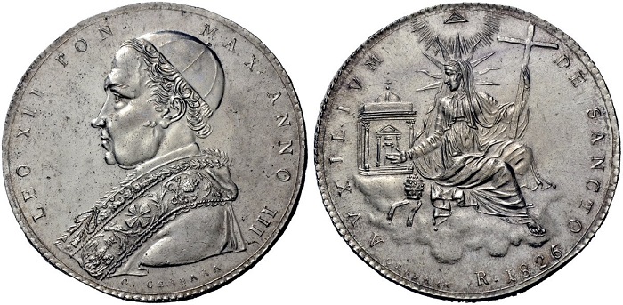 Un magnifico esemplare dello scudo in argento per la zecca di Roma, anno 1826, coniato a nome di Leone XII: sia il conio di dritto che quello di rovescio furono incisi da Giuseppe Cerbara, noto incisore attivo per vari papi