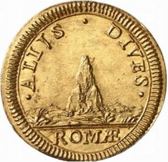 Il rovescio della "moneta rebus" di papa Albani con gli elementi posti "in punta" allo stemma del pontefice