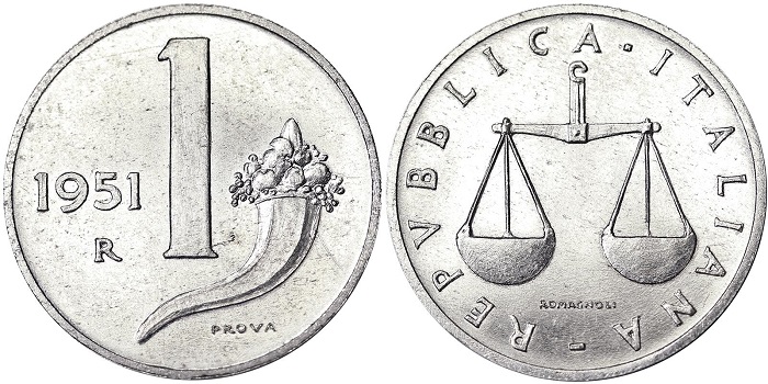 Un raro esemplare di prova della lira 1951 tipo Cornucopia: moneta fortunata ed elegante, è stata coniata fino al 2001 anche se, dopo gli anni '50, solo per i collezionisti